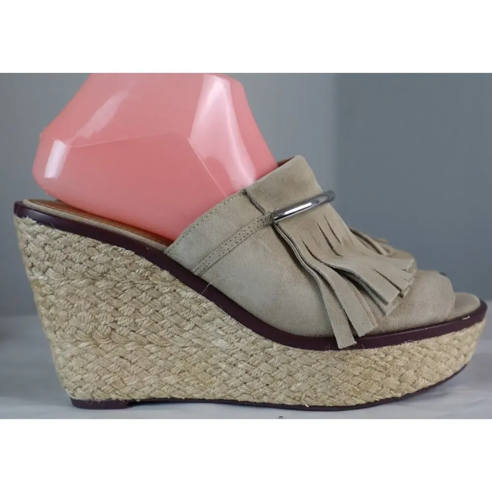 Franco Sarto Tan Suede Fringe Silver Wedge Espadrille Platform Candace Sandal 9M